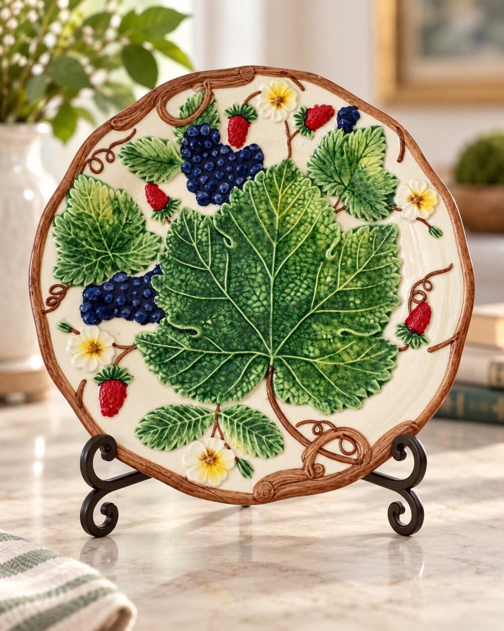 Vintage Chelsea House Made in Italy Majolica Grape Leaf Decorative Plate Decor